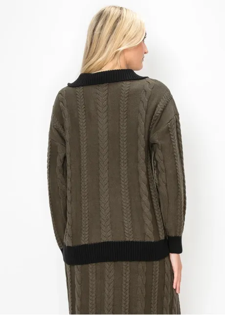 Collared Cable Sweater with Black Trim