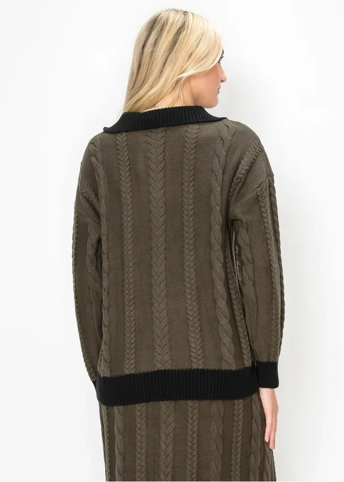 Collared Cable Sweater with Black Trim