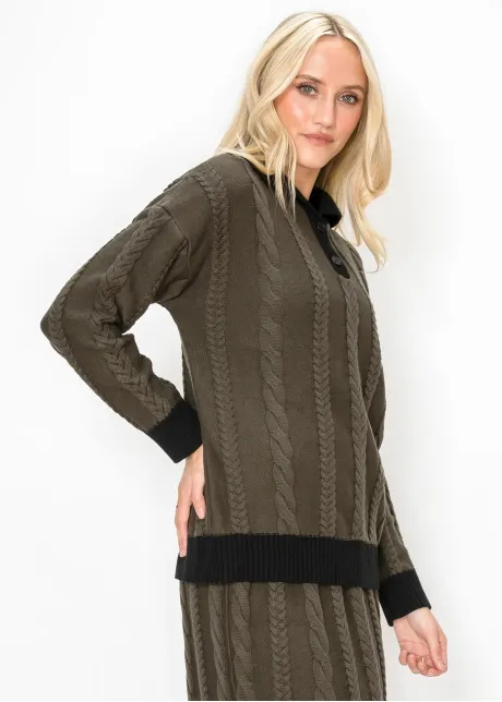 Collared Cable Sweater with Black Trim