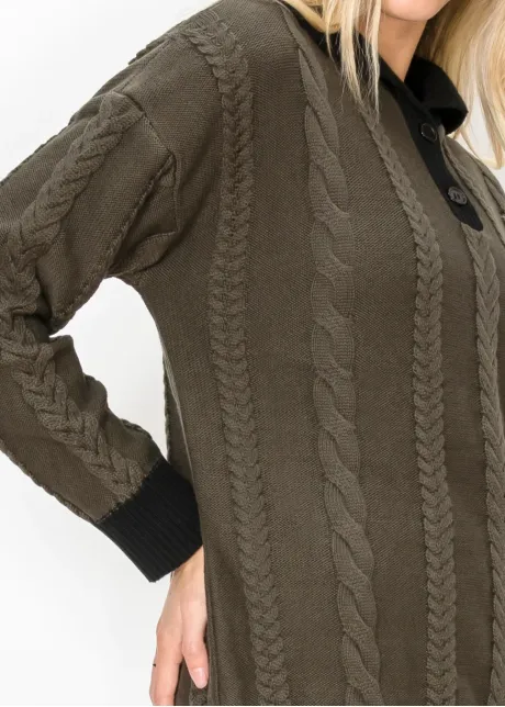 Collared Cable Sweater with Black Trim