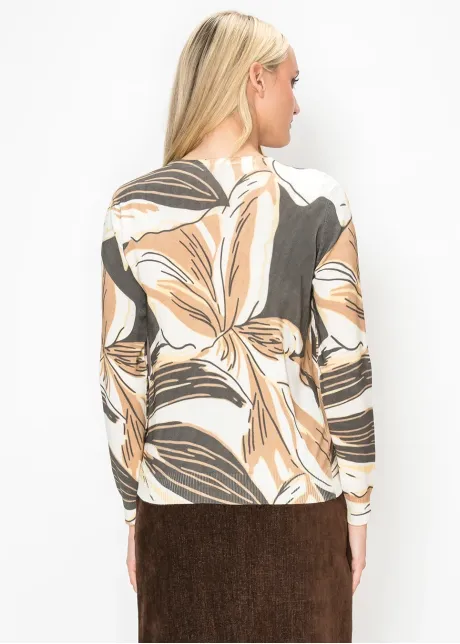 Tropical Leaf Print Crew Neck Sweater