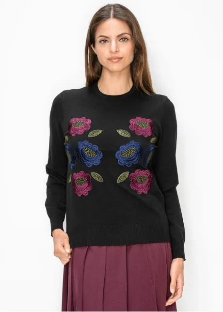 Black Sweater with Floral Embroidery at Front