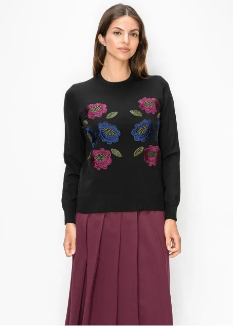 Black Sweater with Floral Embroidery at Front