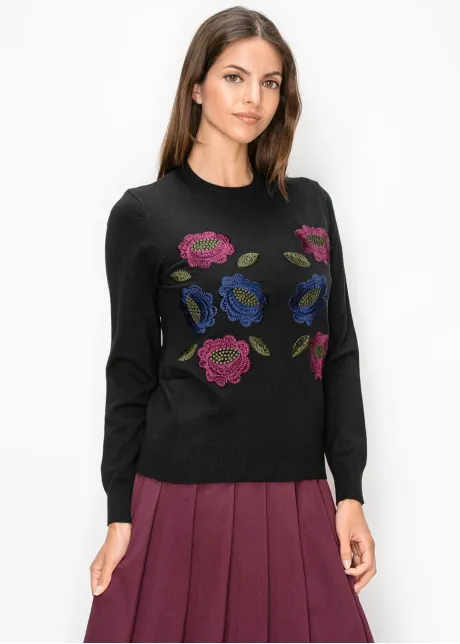 Black Sweater with Floral Embroidery at Front