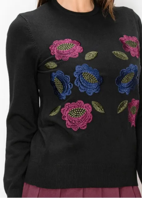 Black Sweater with Floral Embroidery at Front