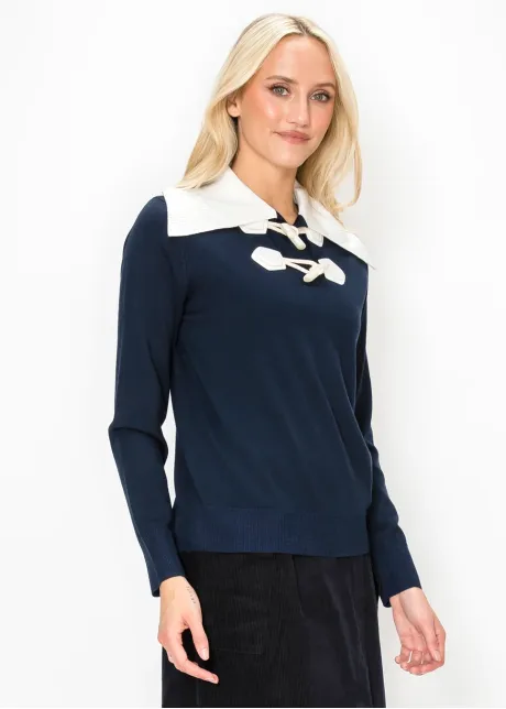Navy Toggle Sweater with Cream Collar