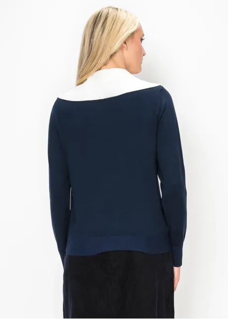 Navy Toggle Sweater with Cream Collar