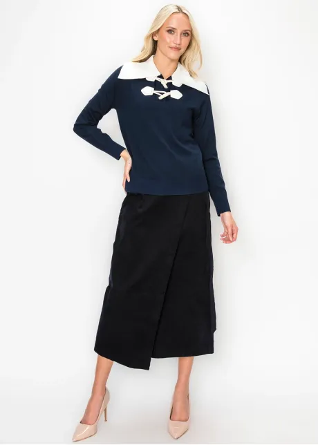 Navy Toggle Sweater with Cream Collar