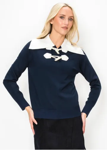 Navy Toggle Sweater with Cream Collar
