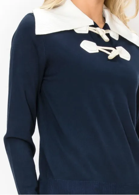 Navy Toggle Sweater with Cream Collar