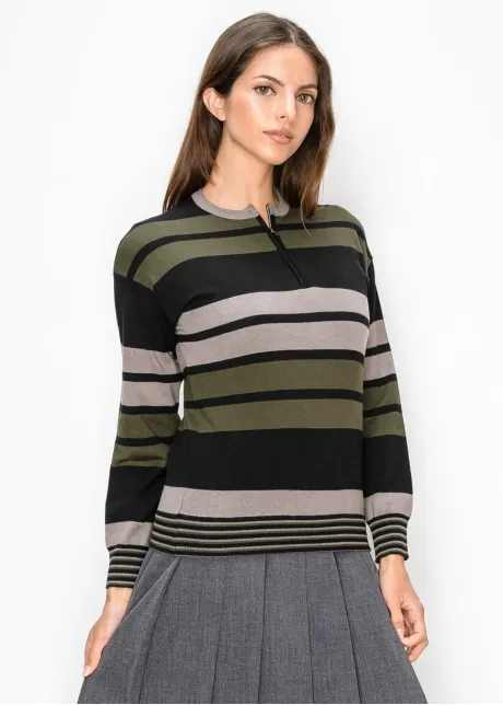 Multi Stripe Quarter Zip Pullover in Olive