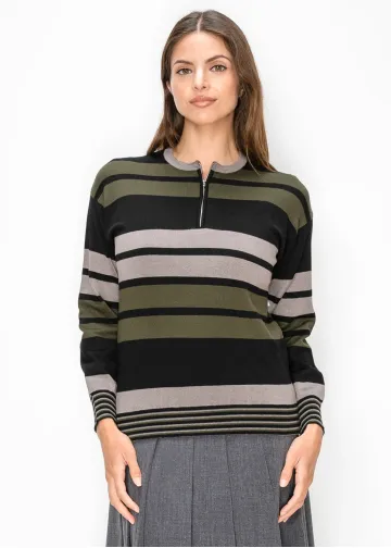 Multi Stripe Quarter Zip Pullover in Olive