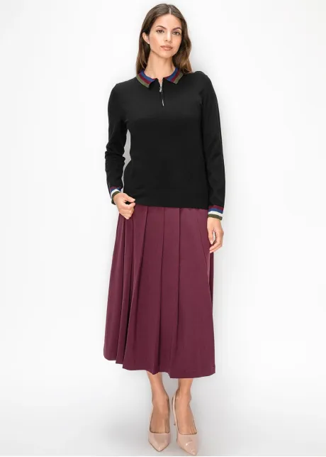Striped Collar Polo Sweater in Black