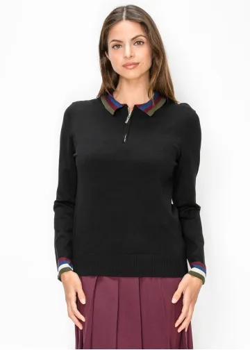 Striped Collar Polo Sweater in Black