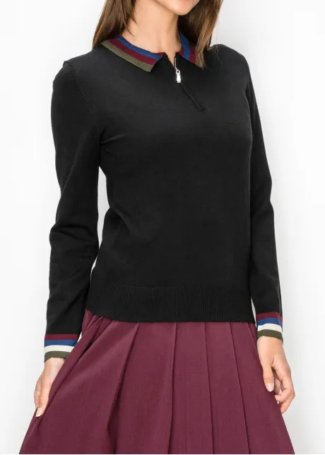 Striped Collar Polo Sweater in Black