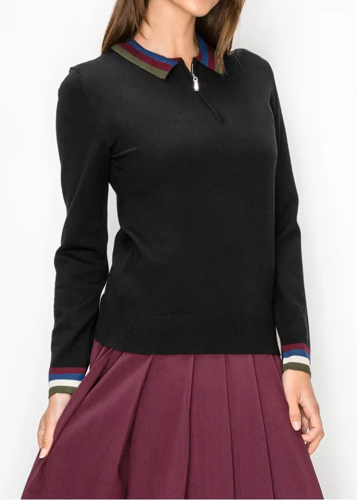 Striped Collar Polo Sweater in Black