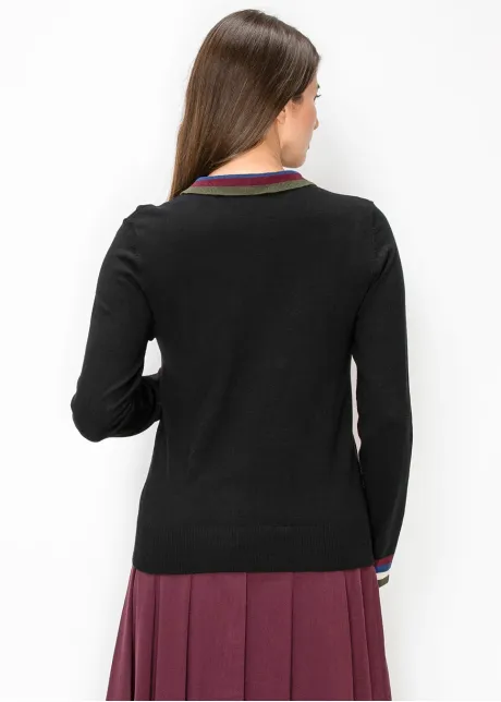 Striped Collar Polo Sweater in Black