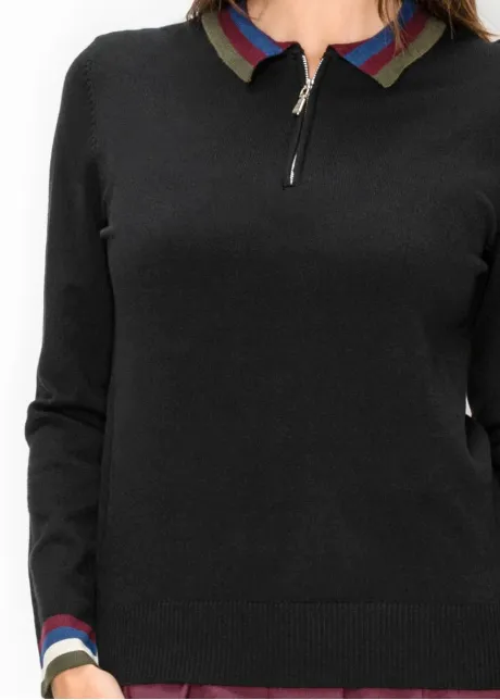Striped Collar Polo Sweater in Black