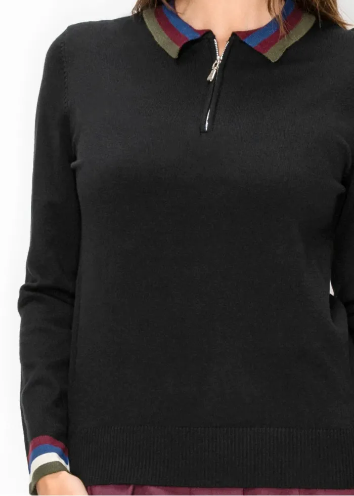 Striped Collar Polo Sweater in Black