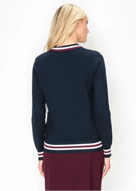 Navy Knit Polo Sweater with Striped Trim