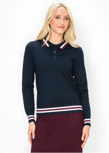 Navy Knit Polo Sweater with Striped Trim