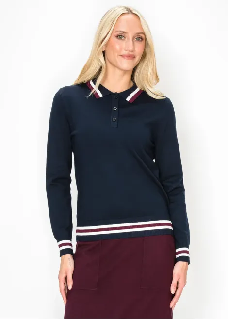 Navy Knit Polo Sweater with Striped Trim