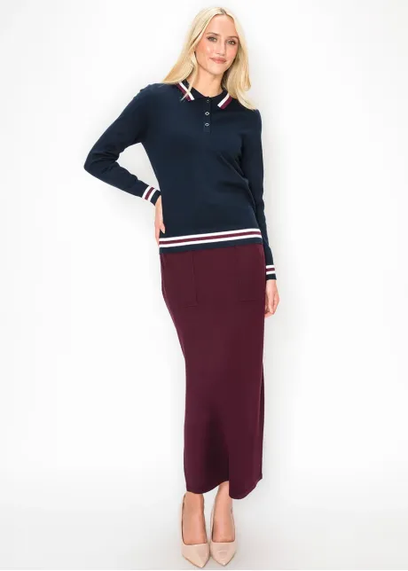 Navy Knit Polo Sweater with Striped Trim