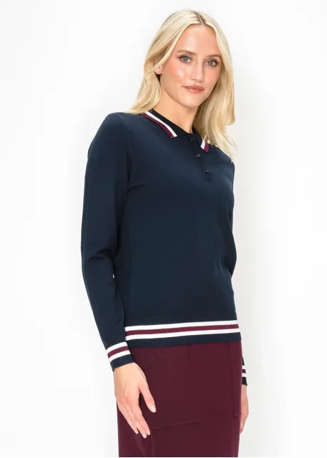 Navy Knit Polo Sweater with Striped Trim