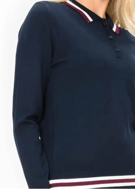 Navy Knit Polo Sweater with Striped Trim