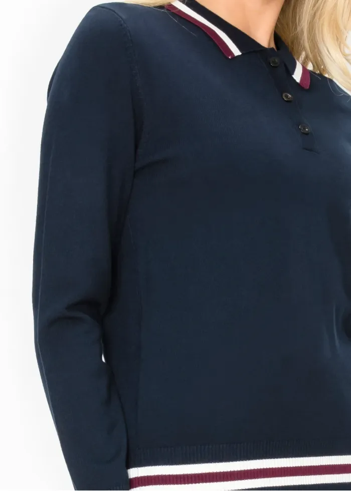 Navy Knit Polo Sweater with Striped Trim