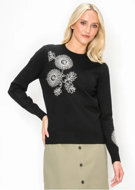 Floral Embroidered Sweater in Black and White