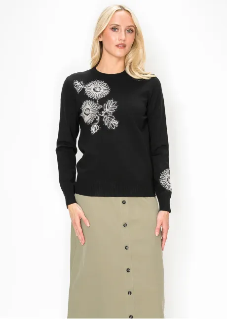 Floral Embroidered Sweater in Black and White