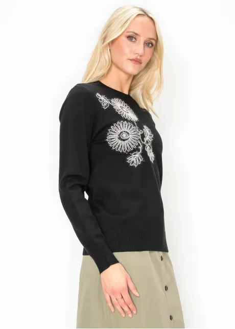 Floral Embroidered Sweater in Black and White
