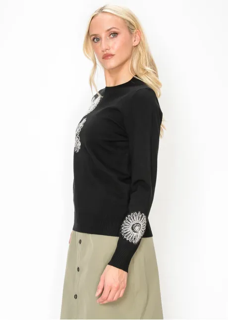 Floral Embroidered Sweater in Black and White
