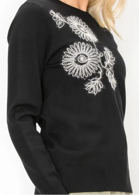 Floral Embroidered Sweater in Black and White
