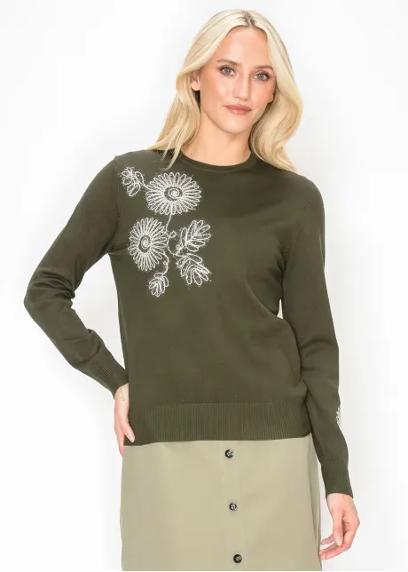 Embroidered Floral Crewneck in Olive Knit
