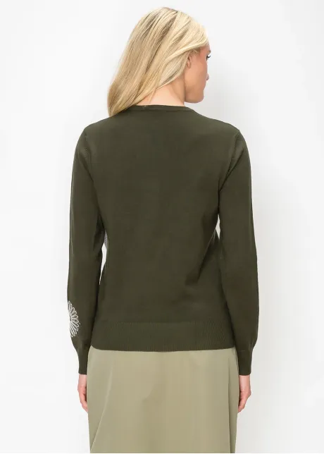 Embroidered Floral Crewneck in Olive Knit