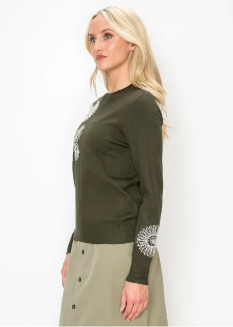 Embroidered Floral Crewneck in Olive Knit