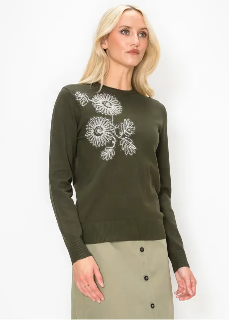 Embroidered Floral Crewneck in Olive Knit