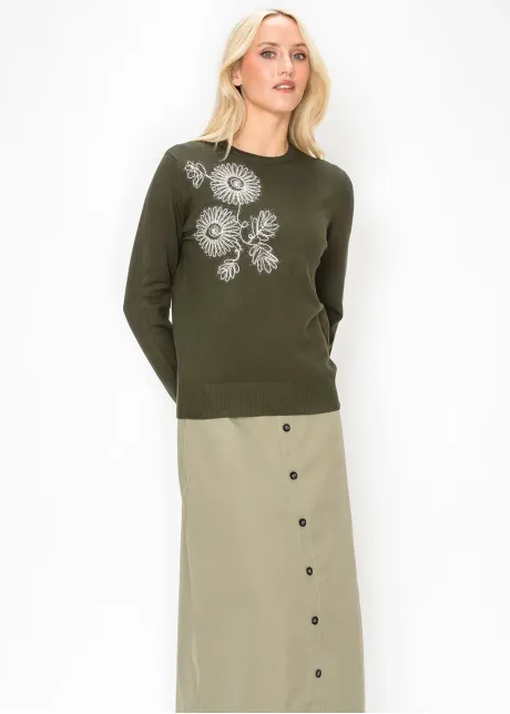 Embroidered Floral Crewneck in Olive Knit