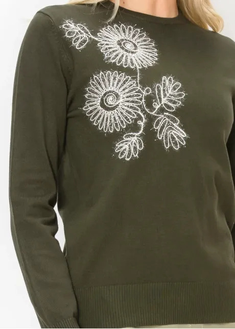 Embroidered Floral Crewneck in Olive Knit