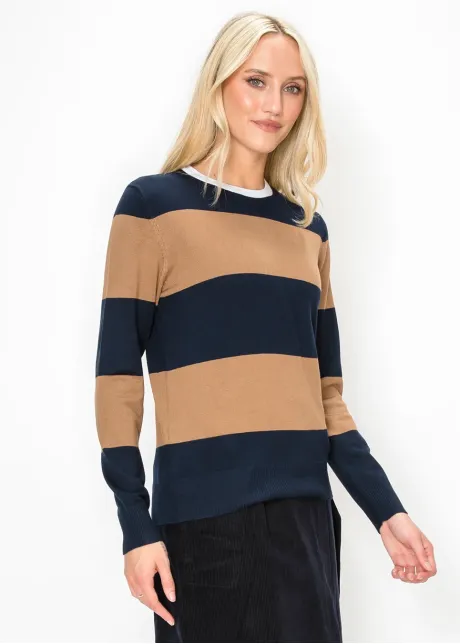 Navy and Camel Striped Crewneck Sweater