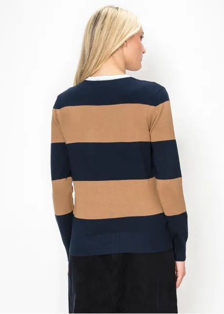 Navy and Camel Striped Crewneck Sweater