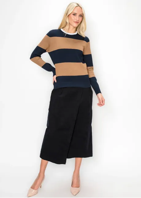 Navy and Camel Striped Crewneck Sweater
