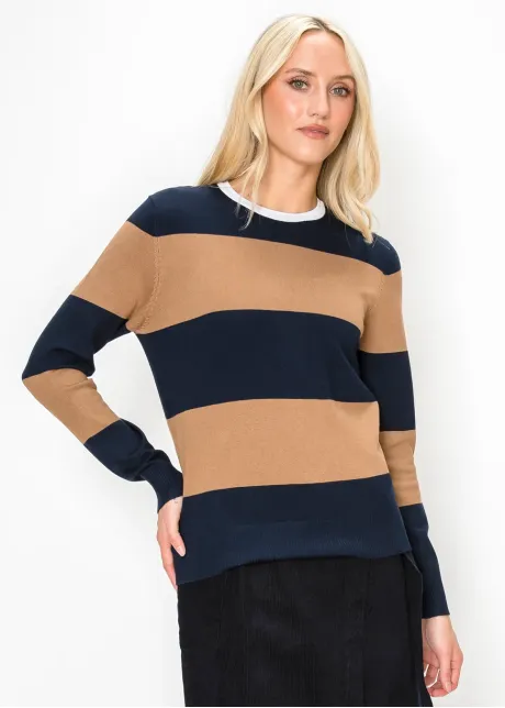 Navy and Camel Striped Crewneck Sweater