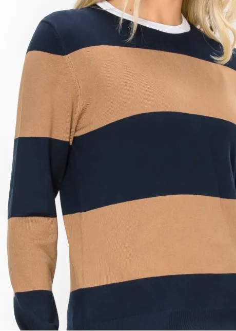 Navy and Camel Striped Crewneck Sweater