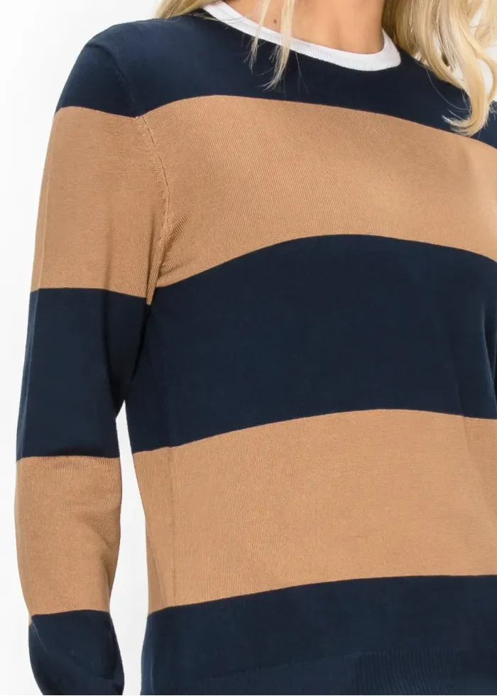 Navy and Camel Striped Crewneck Sweater
