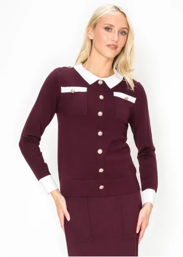 Gold Button Pullover in Wine and White