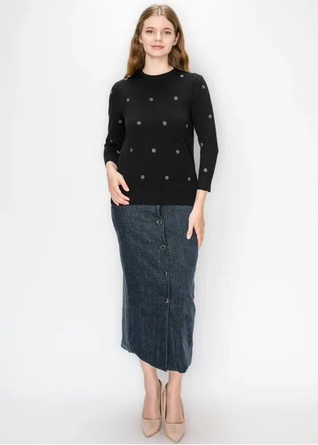 Fine Knit Embellished Sweater – Black