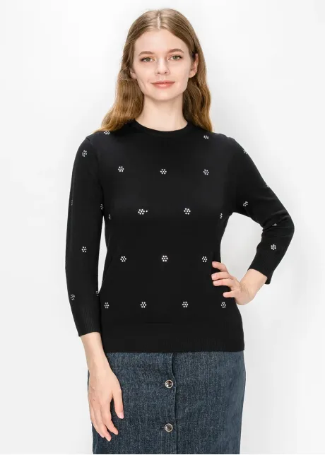 Fine Knit Embellished Sweater – Black